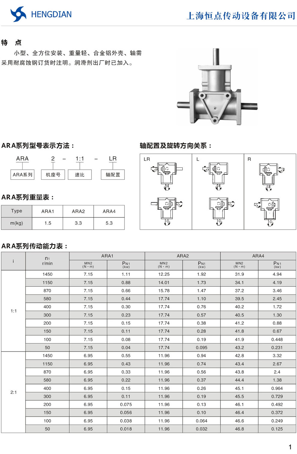 ARA轉向箱的介紹,外形尺寸,軸配置及傳動能力表