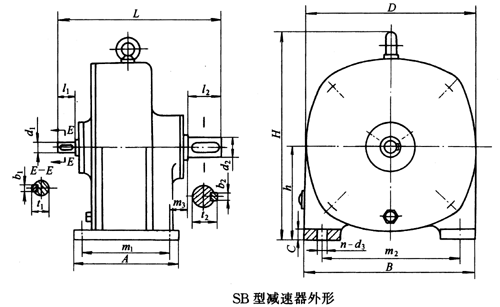 SB系列雙擺線針輪減速機外形及安裝尺寸、針齒中心圓直徑及傳動比